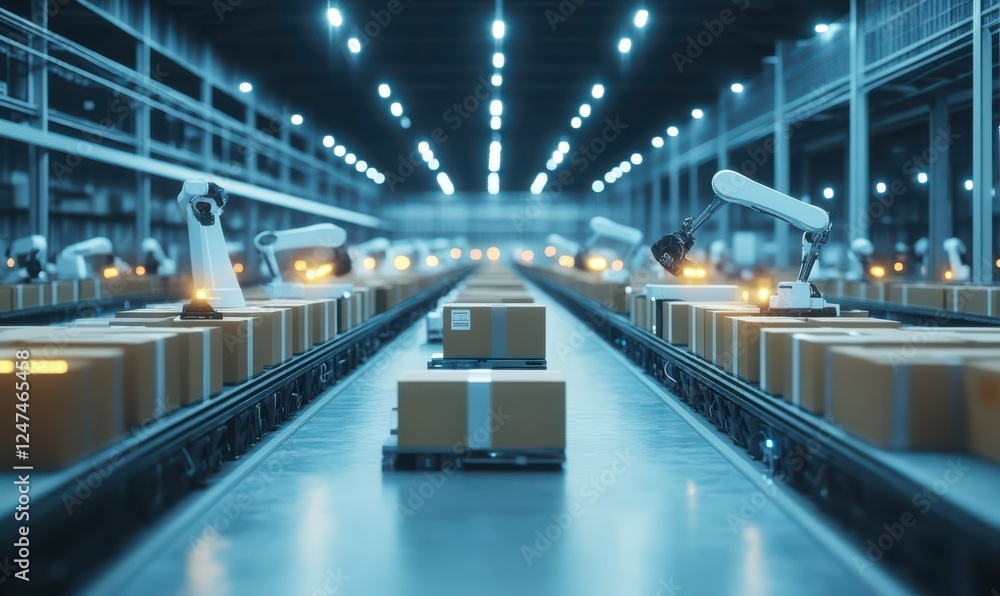 Rows of glowing industrial robots assembling packages in a clean, futuristic warehouse, symbolizing technological precision. Rows of glowing industrial robots assembling packages in a clean, futuristic warehouse, symbolizing technological precision.