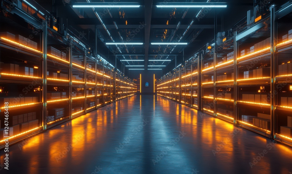 Rows of glowing packages on smart shelving units in a futuristic logistics hub, emphasizing automated efficiency. Rows of glowing packages on smart shelving units in a futuristic logistics hub, emphasizing automated efficiency.