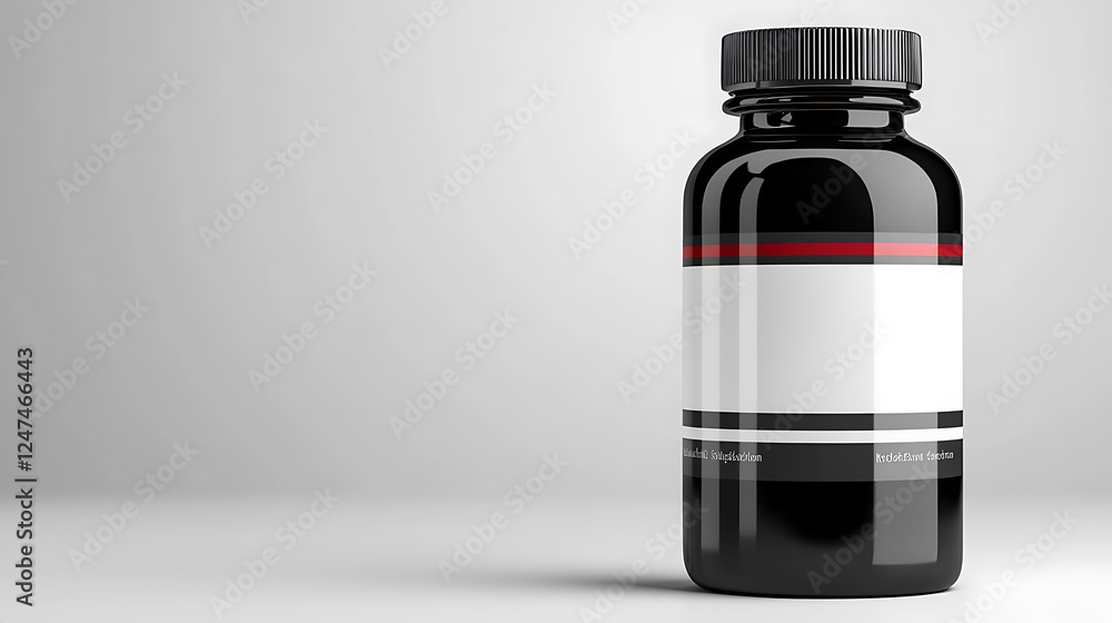Black supplement bottle with blank label on gray background, ideal for branding Black supplement bottle with blank label on gray background, ideal for branding