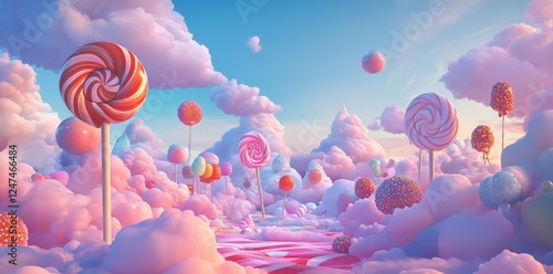 Whimsical landscape featuring lollipops and cotton candy clouds galore