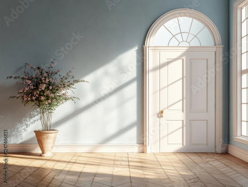 Sunlit Room with Elegant Door, Blooming Flowers, and Hardwood Floor photo