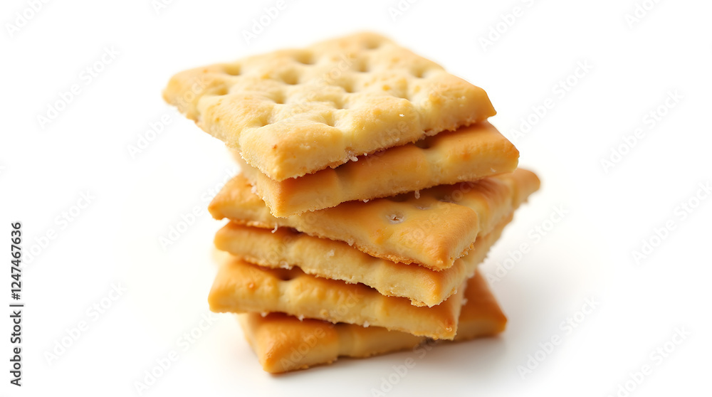 Crispy Beige Square Crackers Stack on White Background - Food Snack Photography Crispy Beige Square Crackers Stack on White Background - Food Snack Photography