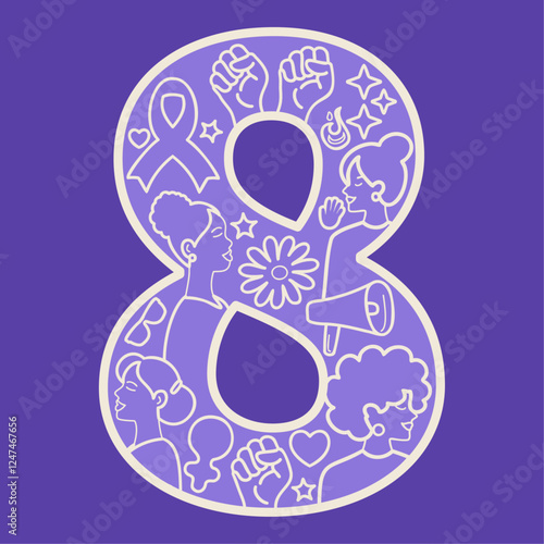Número 8 con ilustraciones feministas para el 8 de marzo, Día Internacional de la Mujer.
