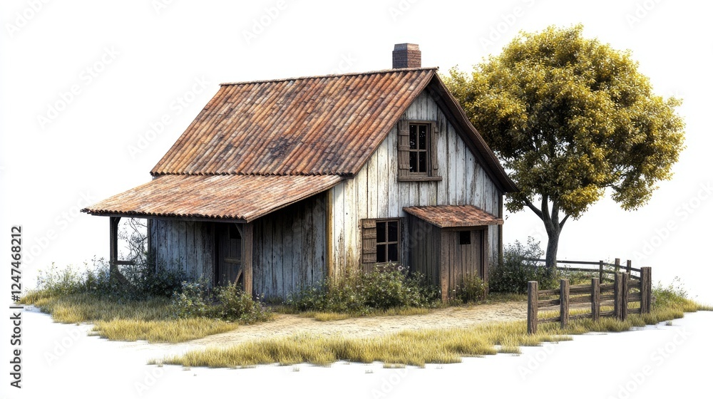 Rustic wooden house with rusty roof, overgrown yard, and small tree, isolated on white background. Rustic wooden house with rusty roof, overgrown yard, and small tree, isolated on white background.