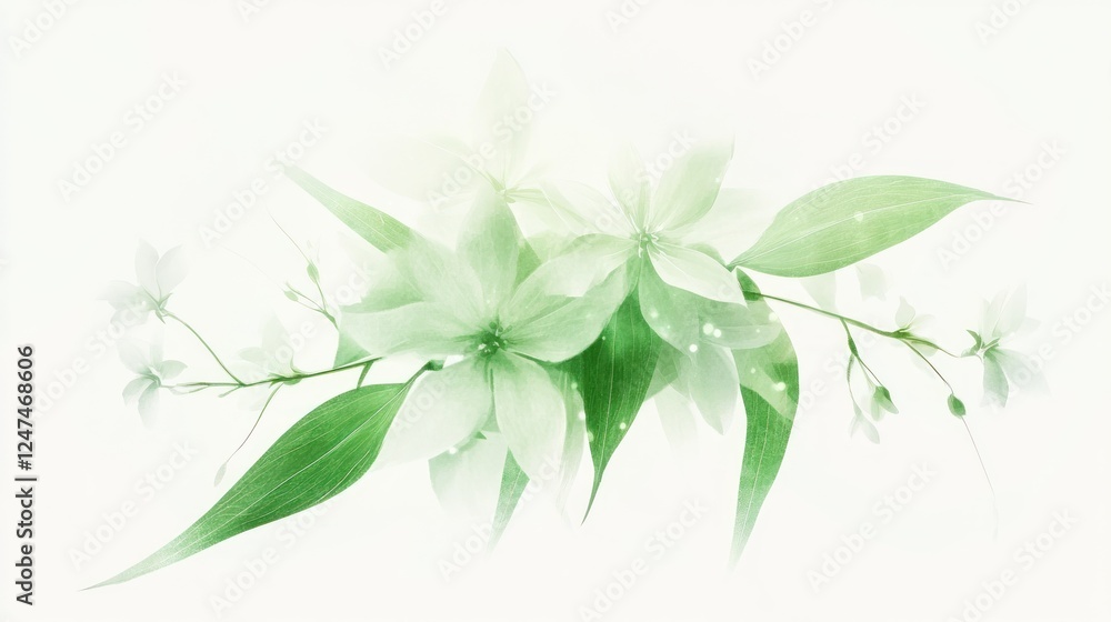 Obraz premium Pastel green floral arrangement, soft focus, white background, wedding invitation design