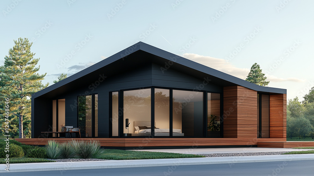 Fototapeta premium Modern A-Frame House with Large Windows and Warm Evening Lighting in Tranquil Landscape