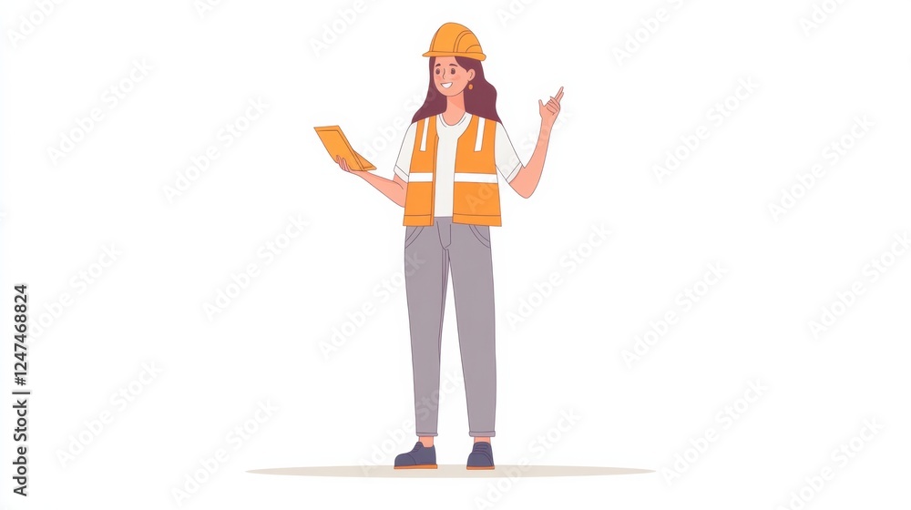 Female engineer in orange safety vest and hard hat holding clipboard and conveying information, full-length portrait. Female engineer in orange safety vest and hard hat holding clipboard and conveying information, full-length portrait.