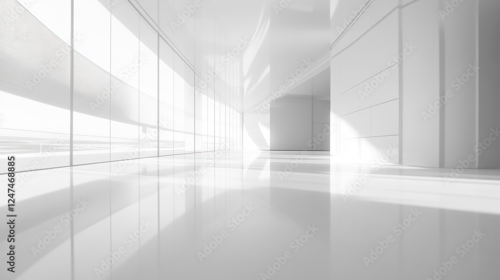 Fototapeta premium Sunlit modern white hallway; glass wall, reflective floor; architectural design