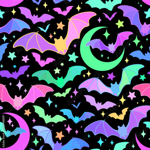 Bright multicolored bats and moons on a black background