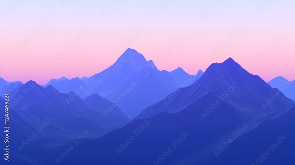 Fototapeta premium Blue mountains sunset landscape, peaceful scene, digital art, website banner