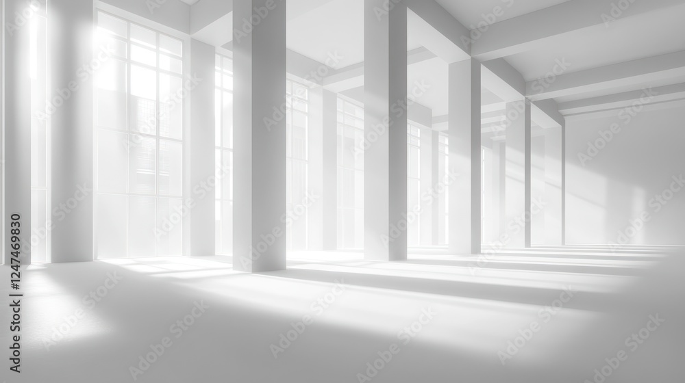 Sunlit white hall, spacious interior, architectural design, empty room, modern building Sunlit white hall, spacious interior, architectural design, empty room, modern building