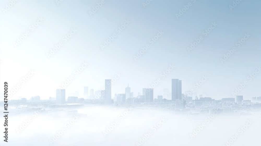 Fototapeta premium Misty city skyline sunrise, aerial view, urban landscape, hazy background, website header