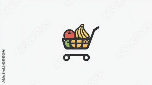 Simple line art illustration of a shopping cart filled with fruits; apple, banana, orange, and kiwi.