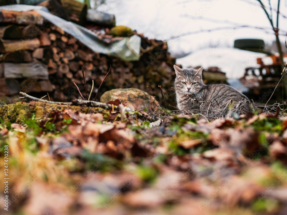 Adorable grey tabby cat sitting on a fallen brown foliage in a garden. Selective focus. Relaxed home pet enjoys fresh air and sits in a position to stay warm on a cold day. Adorable grey tabby cat sitting on a fallen brown foliage in a garden. Selective focus. Relaxed home pet enjoys fresh air and sits in a position to stay warm on a cold day.