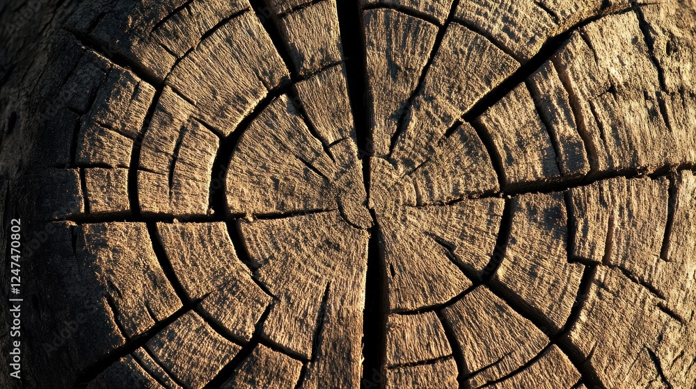 Fototapeta premium Sunlit cracked tree stump texture outdoors, background blurred