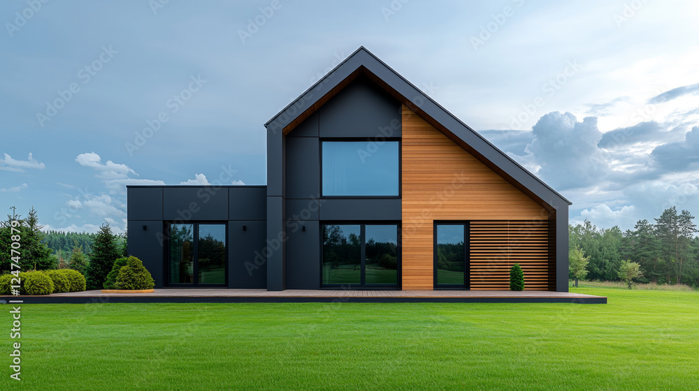 Obraz premium Modern A-Frame House with Large Windows and Warm Evening Lighting in Tranquil Landscape
