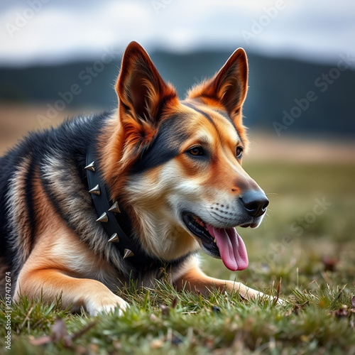 Anatolian shepherd dog with spiked iron collar lying on pasture. (Spiked iron collar   protects the necks of dog against wolf. photo