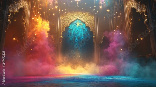 Indian Holi  Peacock Feather Motif with Colorful Powder Swirls and Hanging Crystal Beads in a Majestic Palace Hall. Copy space. Generative AI