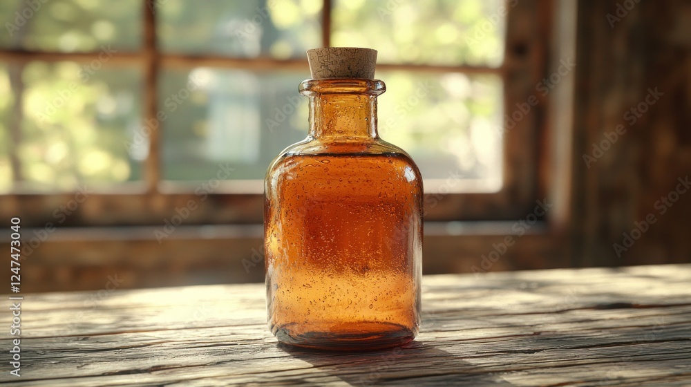Amber bottle, rustic window, sunlit wood table, herbal remedy Amber bottle, rustic window, sunlit wood table, herbal remedy