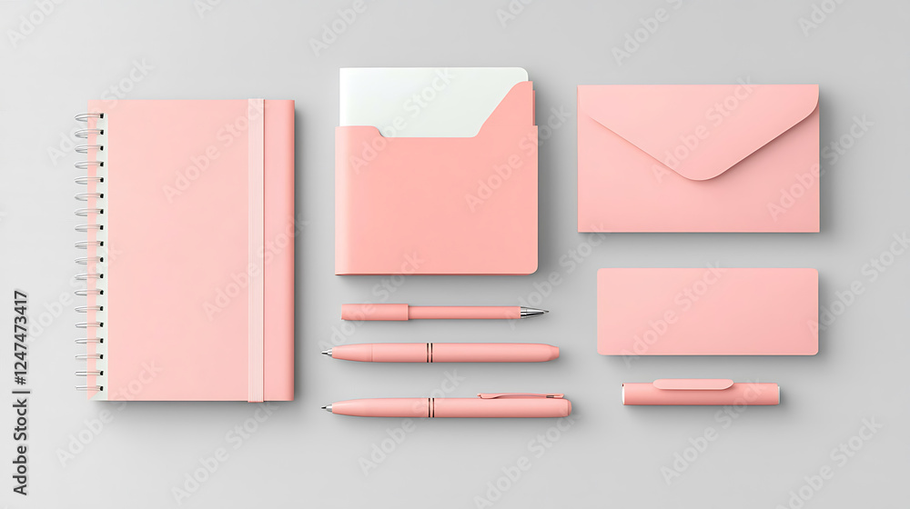 Stylish pink stationery set including notebook, folder, pens, and envelope. Perfect for branding and organization Stylish pink stationery set including notebook, folder, pens, and envelope. Perfect for branding and organization