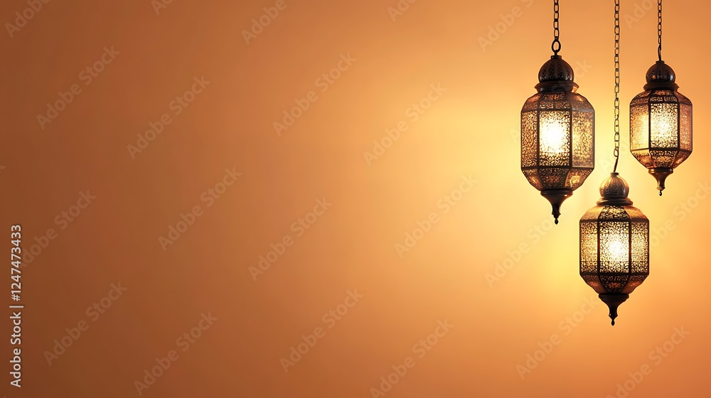 Illuminated Moroccan Lanterns Hanging Against Warm Background Illuminated Moroccan Lanterns Hanging Against Warm Background