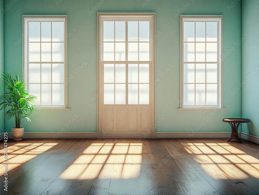Sunlight Streams Through Windows in Empty Room, Illuminating Wooden Floor and Walls, Creating Serene Atmosphere Sunlight Streams Through Windows in Empty Room, Illuminating Wooden Floor and Walls, Creating Serene Atmosphere