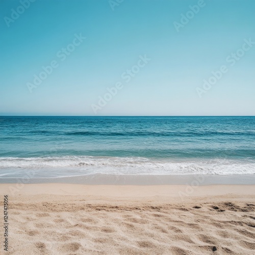 Serene seaside shoreline with tranquil ocean waves under clear blue sky photo