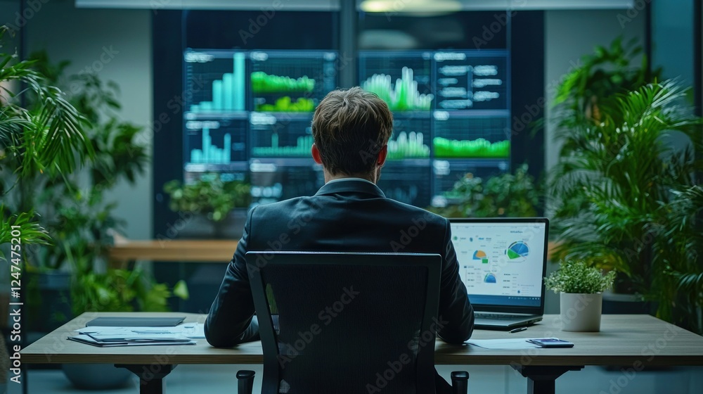Analyst reviewing data, office, plants, night Analyst reviewing data, office, plants, night