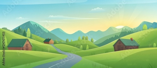 Tranquil Mountain Landscape With Cabins And Winding Road Illustration