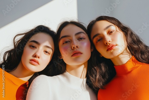 Portrait of three women with natural beauty, glowing skin, and stylish outfits in vibrant colors, captured in soft sunlight with harmonious composition and modern aesthetics. Generative AI. photo