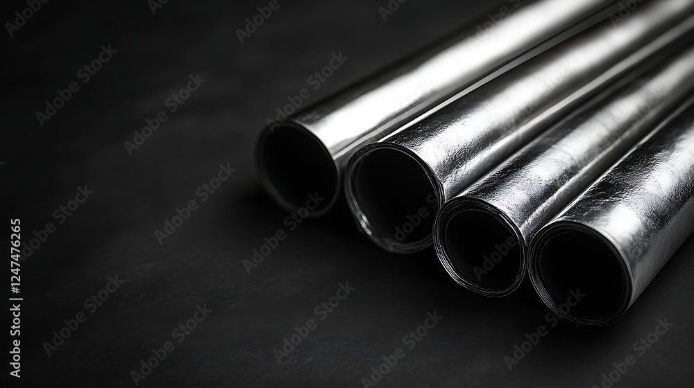 Fototapeta premium Rolled Metal Sheets Dark Background Industrial Material