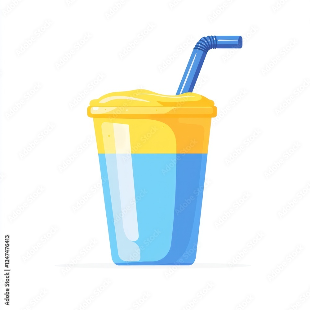 Refreshing yellow and blue drink in a plastic cup with straw on a white backdrop Refreshing yellow and blue drink in a plastic cup with straw on a white backdrop