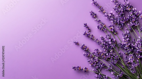 Lavender blossoms arranged on a purple background