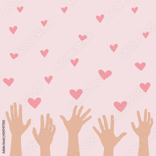 Hands and hearts on pink background vector illustration