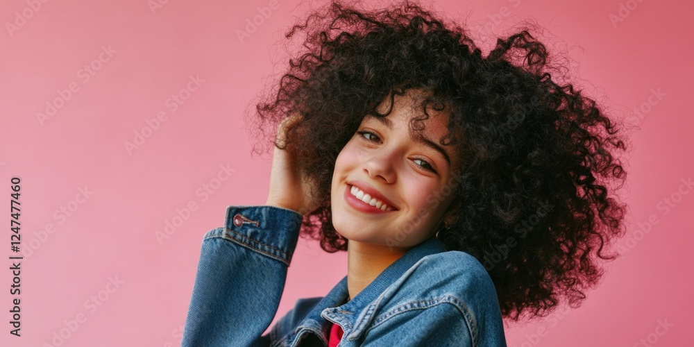 Stylish African-American Woman with Curly Hair Against a Pink Background