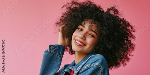 Obraz na płótnie Stylish African-American Woman with Curly Hair Against a Pink Background w salonie