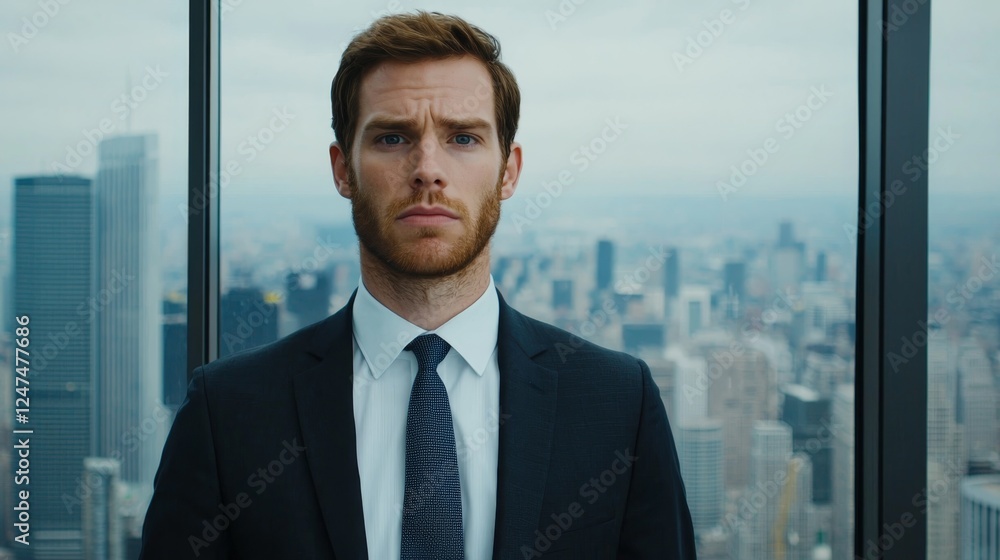 Serious Businessman in Office with City View Showing Stress and Determination Serious Businessman in Office with City View Showing Stress and Determination