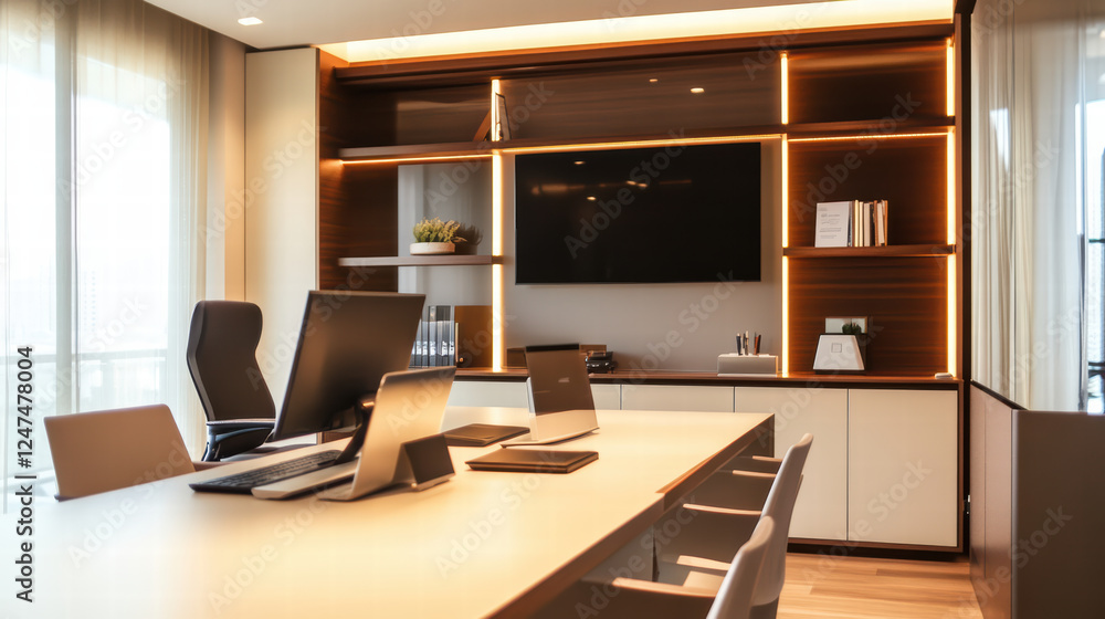 modern office workspace featuring smart collaboration tools, sleek furniture, and warm lighting. design promotes productivity and comfort in contemporary setting modern office workspace featuring smart collaboration tools, sleek furniture, and warm lighting. design promotes productivity and comfort in contemporary setting