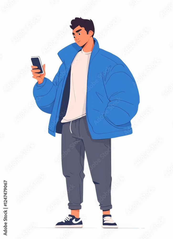 Animated man holding phone, dressed in casual blue jacket and grey pants, standing confidently against a white background Animated man holding phone, dressed in casual blue jacket and grey pants, standing confidently against a white background
