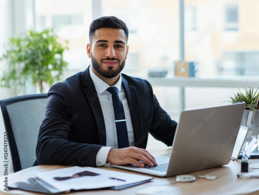 Business Professional Working on Laptop at Office Desk Business Professional Working on Laptop at Office Desk