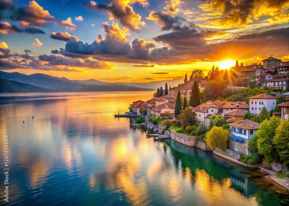 Fototapeta premium Surreal Sunset over Ohrid Lake, Macedonia: Calm Waters & Majestic Mountains
