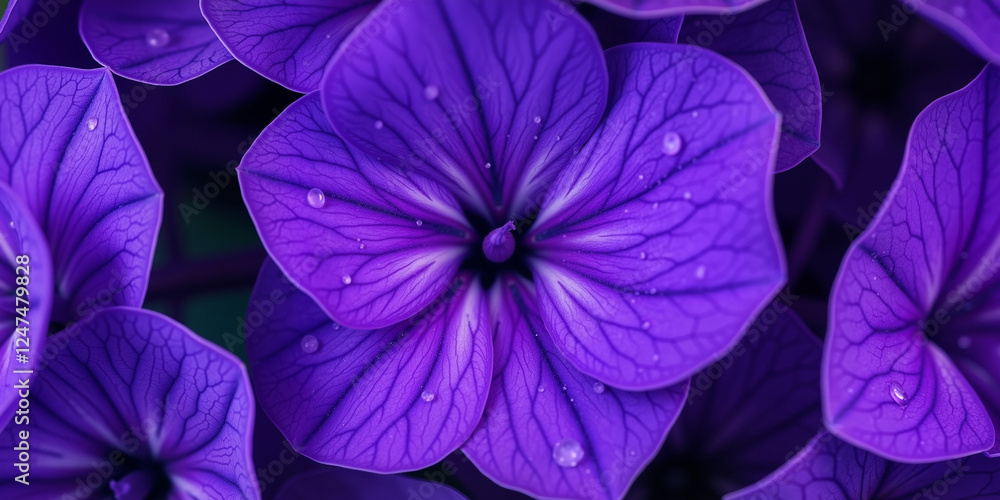 Close-up of vibrant purple flowers with dewdrops