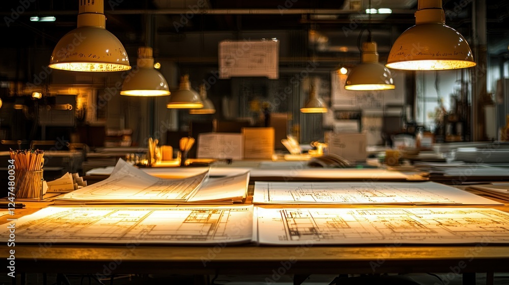 Architects reviewing blueprints in a dimly lit studio Architects reviewing blueprints in a dimly lit studio