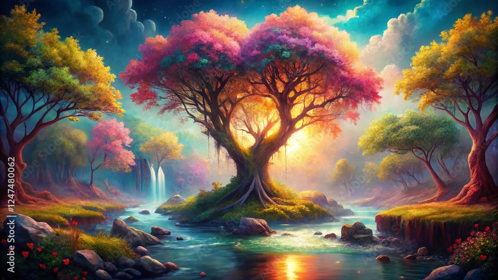 Obraz premium Surreal Watercolor Love Tree: Dreamy Romantic Fantasy Art