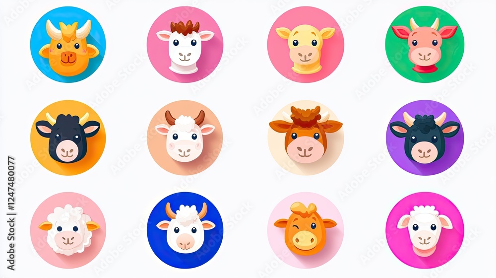Twelve cute cartoon animal heads goats, sheep, and lambs in colorful circles. Twelve cute cartoon animal heads goats, sheep, and lambs in colorful circles.