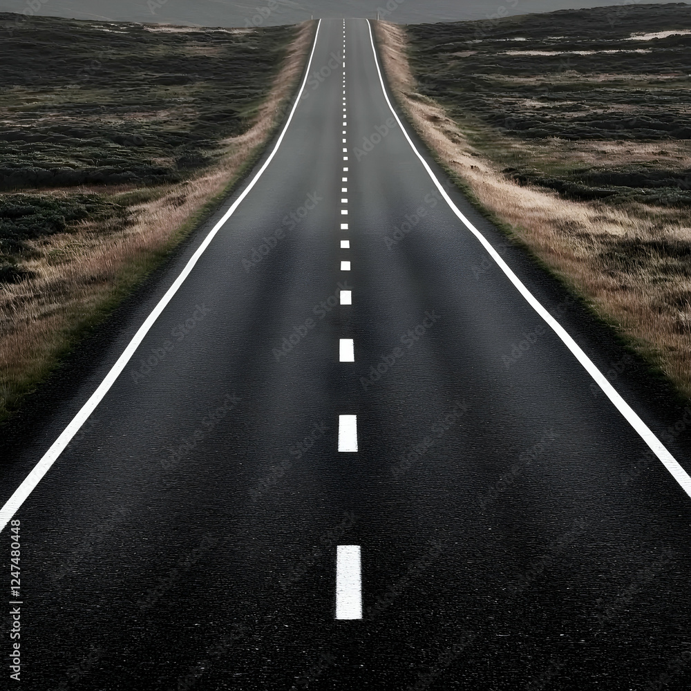 Empty asphalt road vanishing into misty highland. Travel brochure, website banner, journey concept Empty asphalt road vanishing into misty highland. Travel brochure, website banner, journey concept
