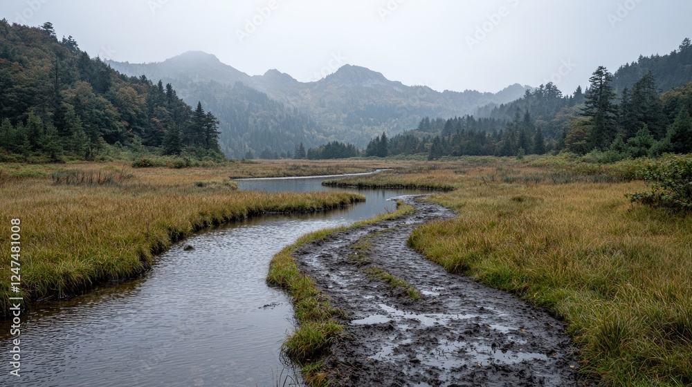 Fototapeta premium Serpentine river meanders through autumnal marsh, misty mountains
