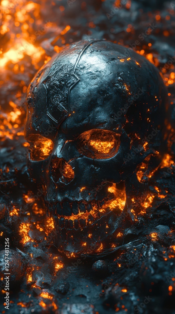 Glowing Skull in Fiery Lava Landscape Glowing Skull in Fiery Lava Landscape