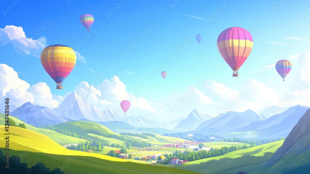 Fototapeta premium Colorful hot air balloons float above a vibrant landscape