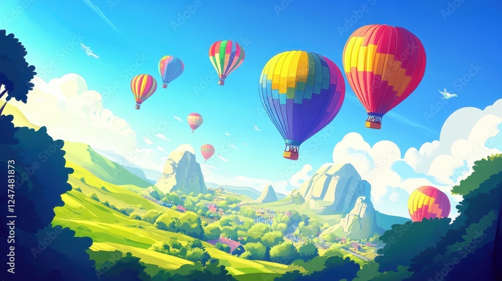 Fototapeta premium Colorful hot air balloons float over a lush green landscape